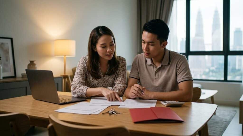 一对亚裔年轻男女坐在木桌旁，桌上摆有笔记本电脑、文件、钥匙和计算器，背景可见吉隆坡城市景观，正在共同审阅房产相关文件
